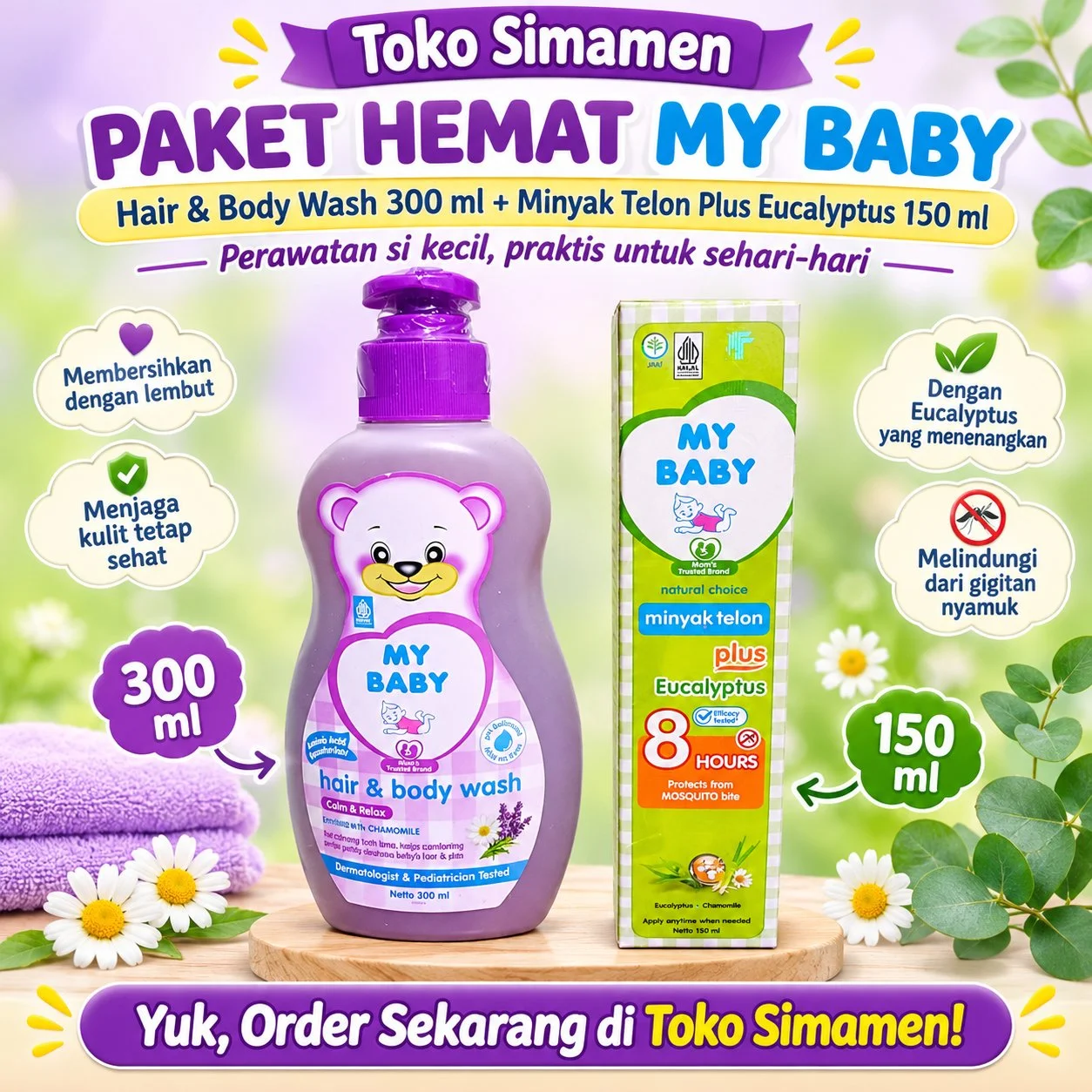 My Baby minyak telon eucalyptus 150ml+my baby hair & bodywash 300ml, Paket hemat perawatan anak & bayi